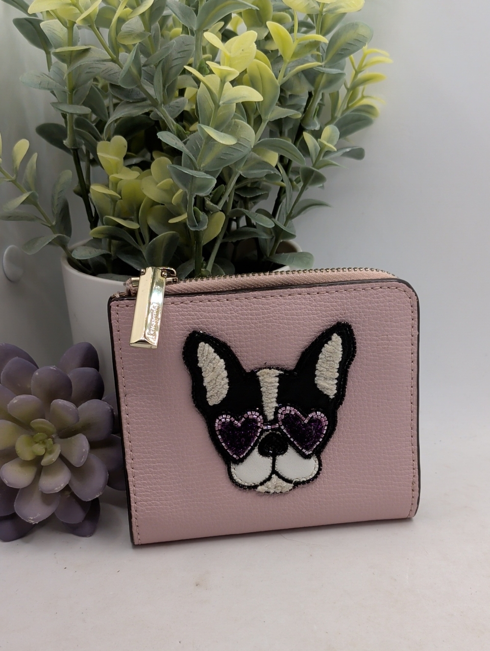 Kate Spade Francois French Bulldog Bifold Zip Wallet Pink Leather - Picture 1 of 8